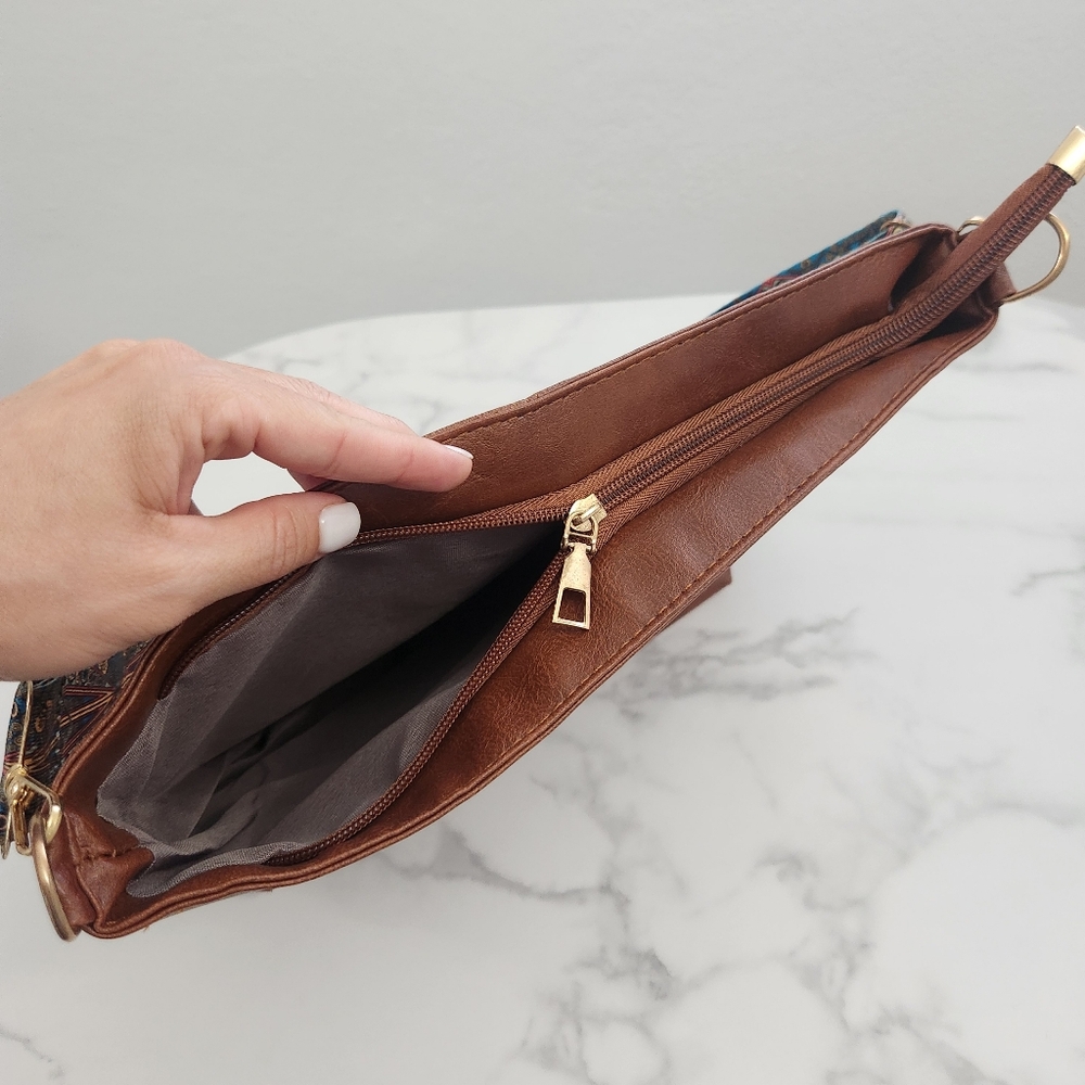 Unisex Dark Brown Tote Bag With Patterned Boho Strap - Picture 12 of 13